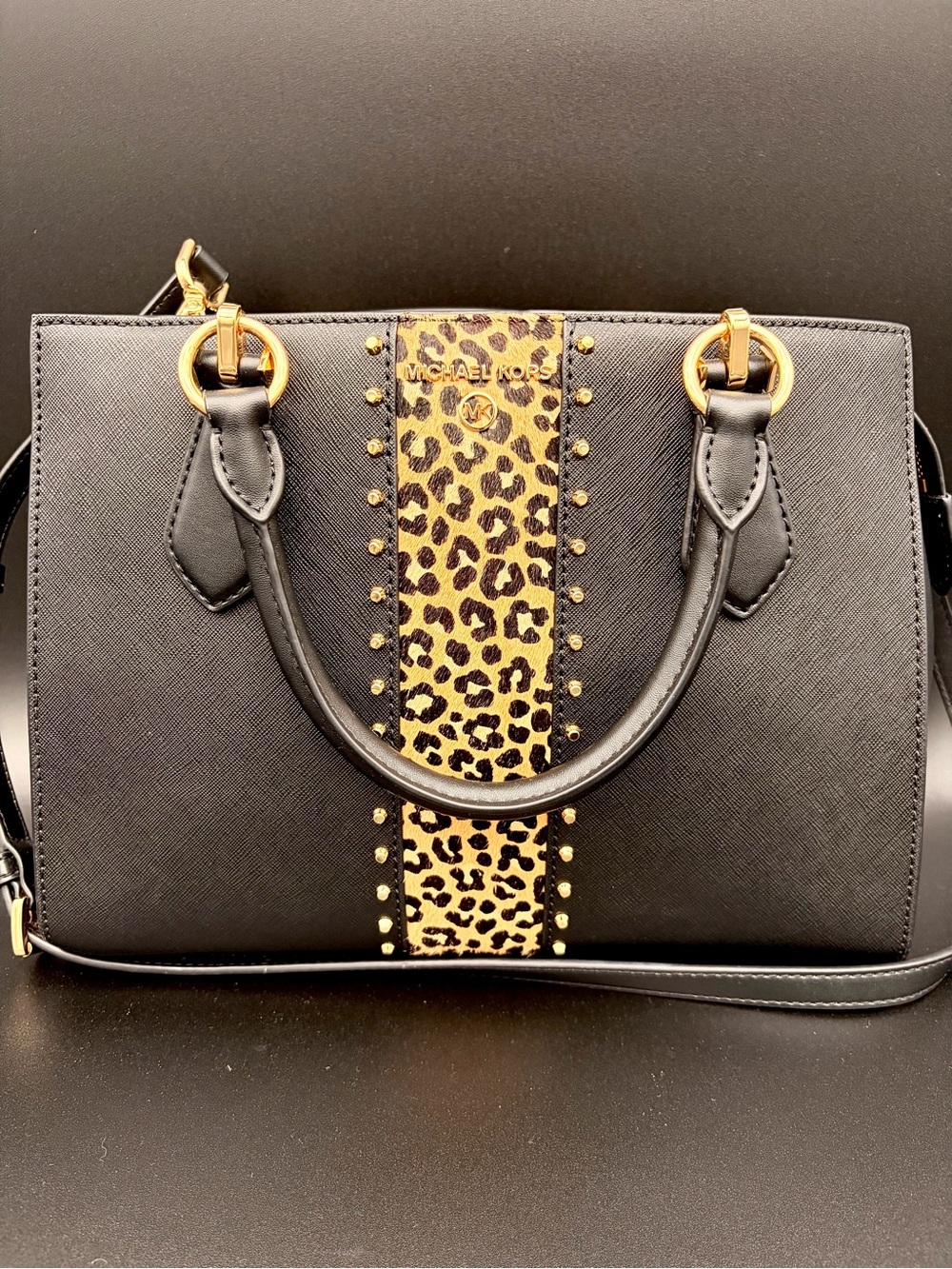 Michael Kors Marilyn Medium Leopard Print Saffiano Leather Satchel Handbag Purse